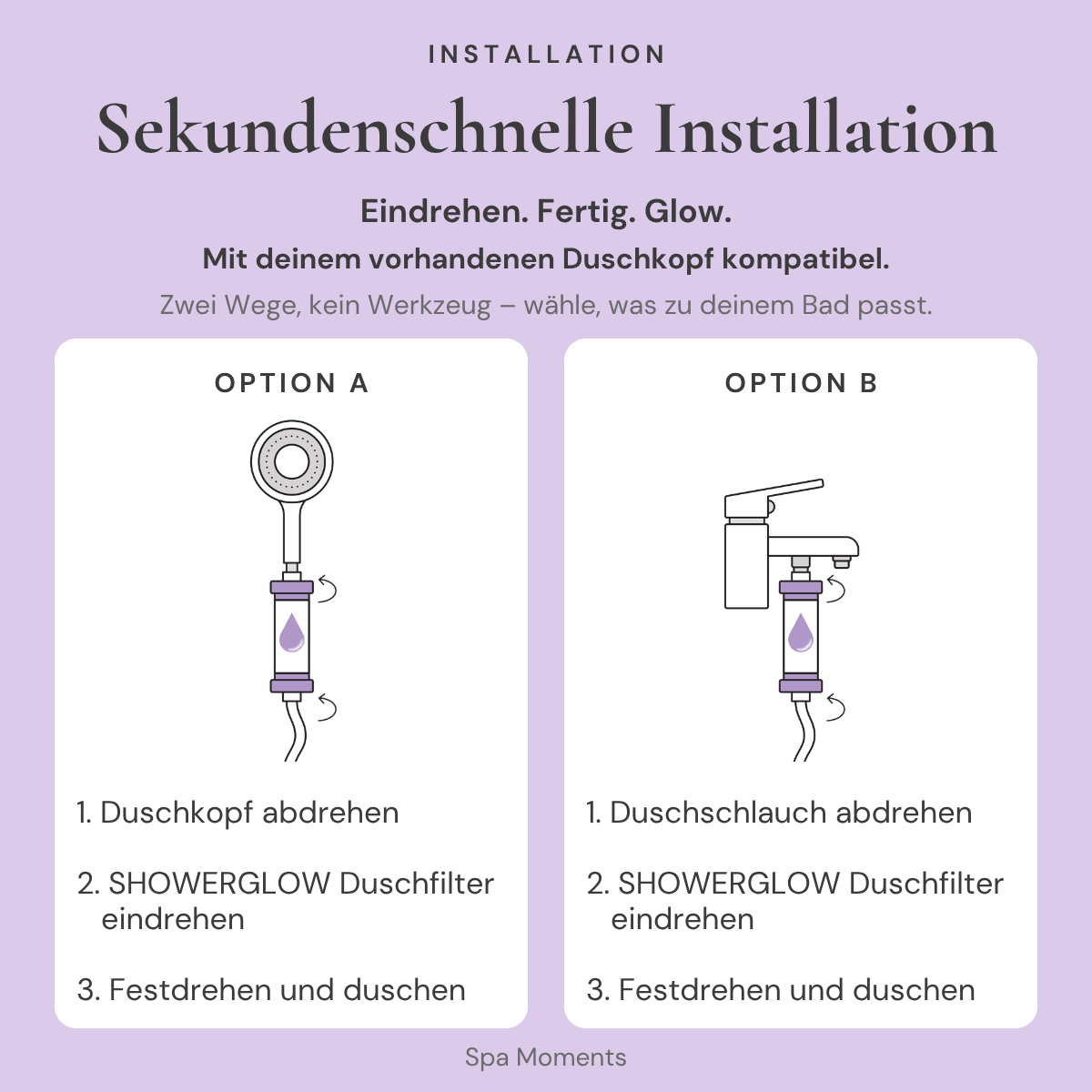 Spa Moments Duschfilter in sekundenschneller Installation an Handbrause und Duschkopf