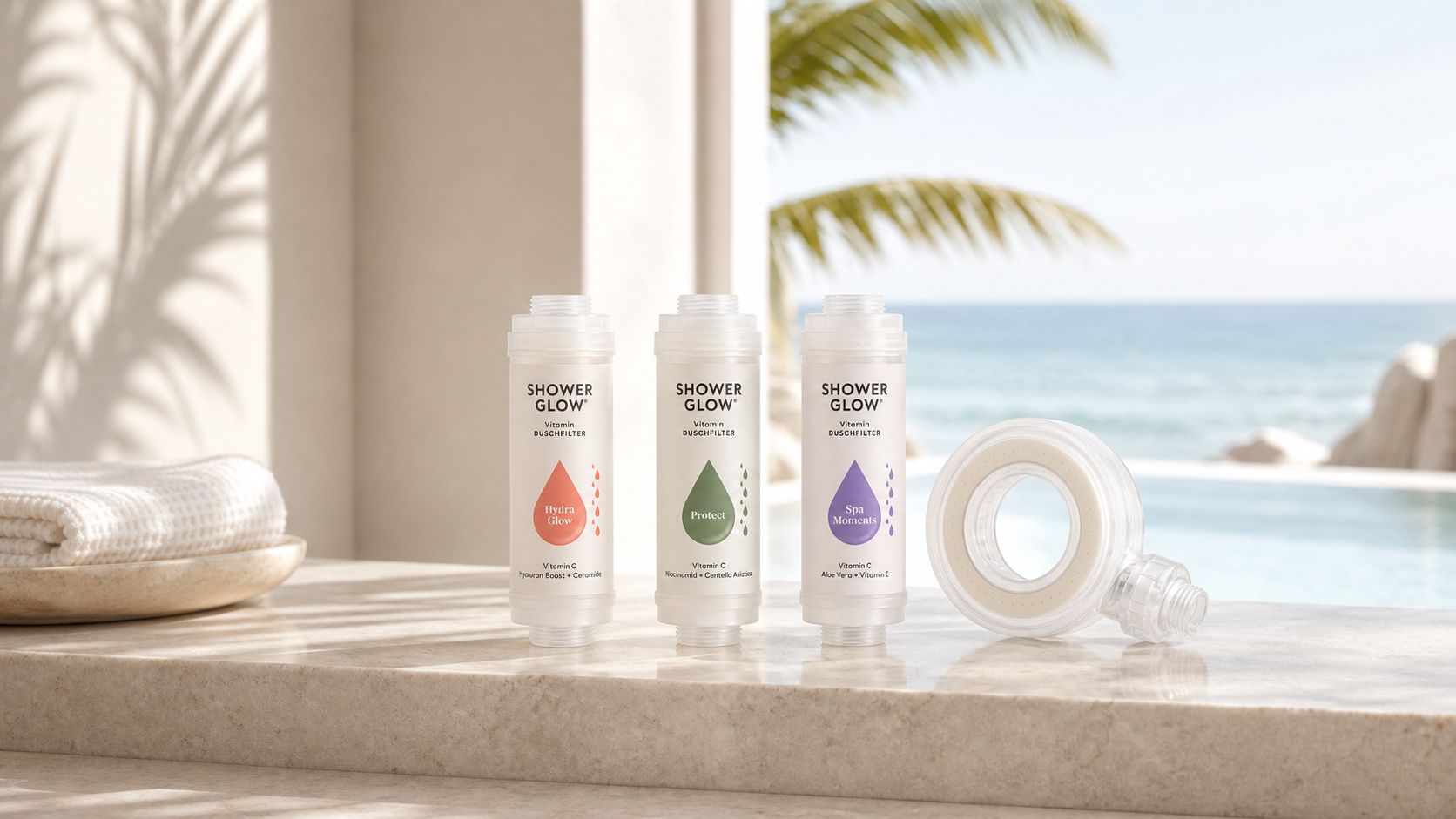 Vitamin-C Reise-Duschfilter Trio am Pool
