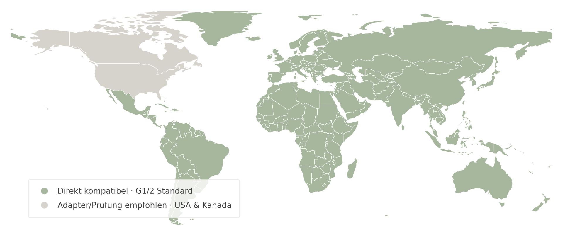 Weltkarte: Direkt kompatibel mit G1/2-Standard weltweit, Adapter/Prüfung empfohlen in USA & Kanada