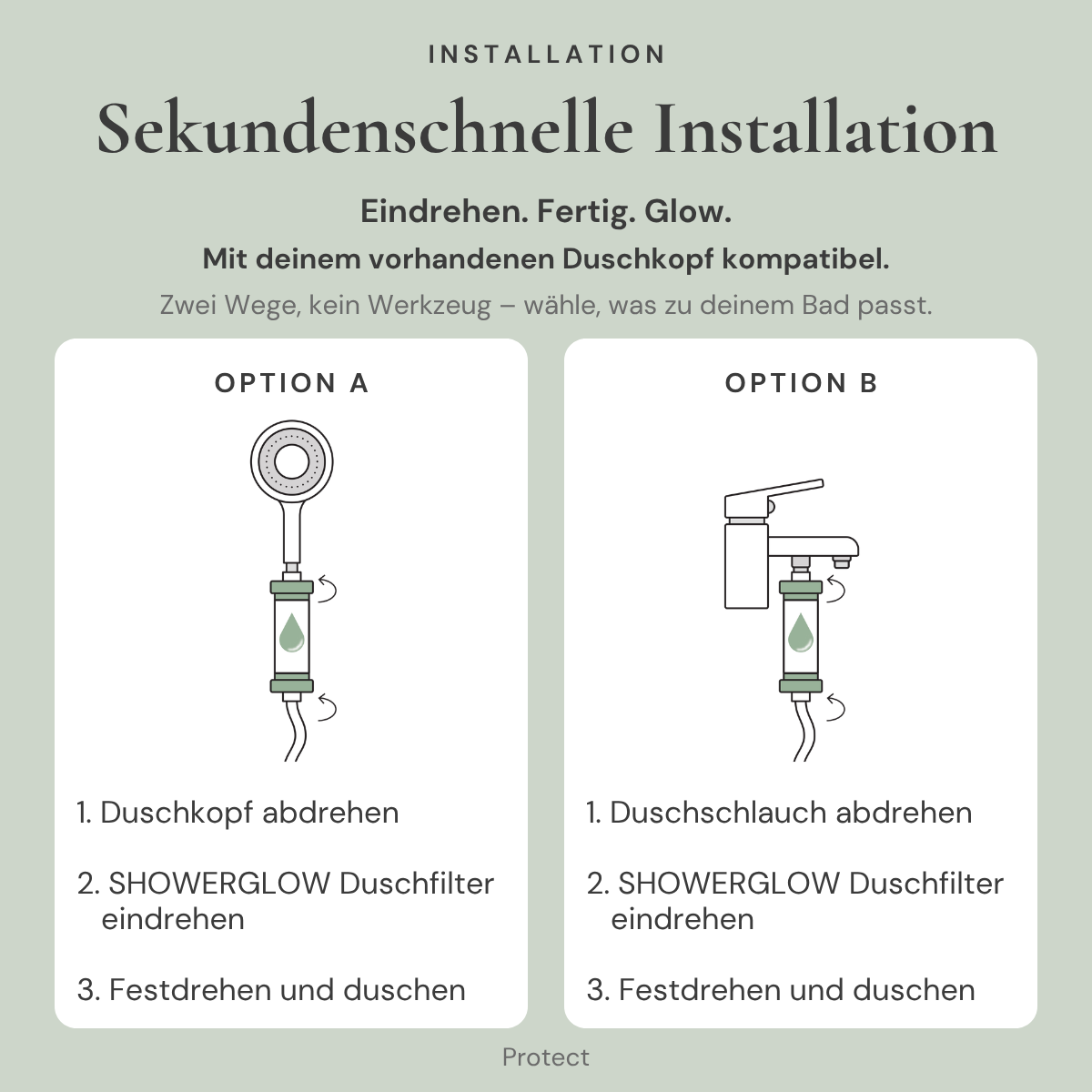 Sekundenschnelle Installation des Protect Duschfilters: aufdrehen, eindrehen, fertig