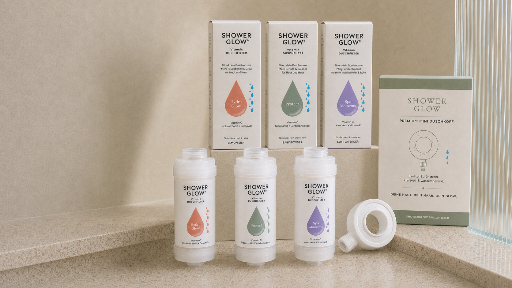 ShowerGlow Produktfamilie, Hydra Glow, Protect und Spa Moments mit Duschkopf