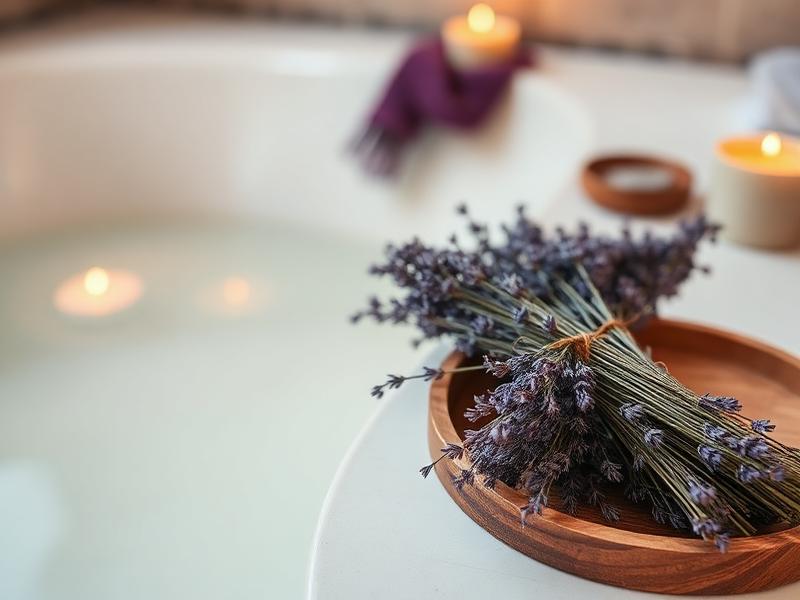 Lavendel und Kerzen an einer Badewanne
